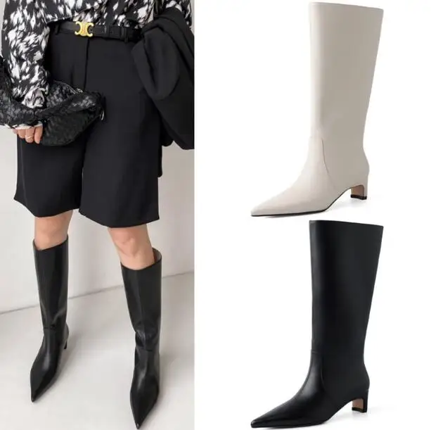 Black White Soft Leather Pointed Toe Knee High Boots Woman 45 MM Kitten Heel Loose Slip On Tube Long Botas Drop Shipping