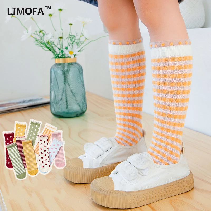 LJMOFA Summer Girls Thin Stockings Student New Fashion Over The Knee Mesh Straight Cotton Kids Long Heelless Socks Stocking C123