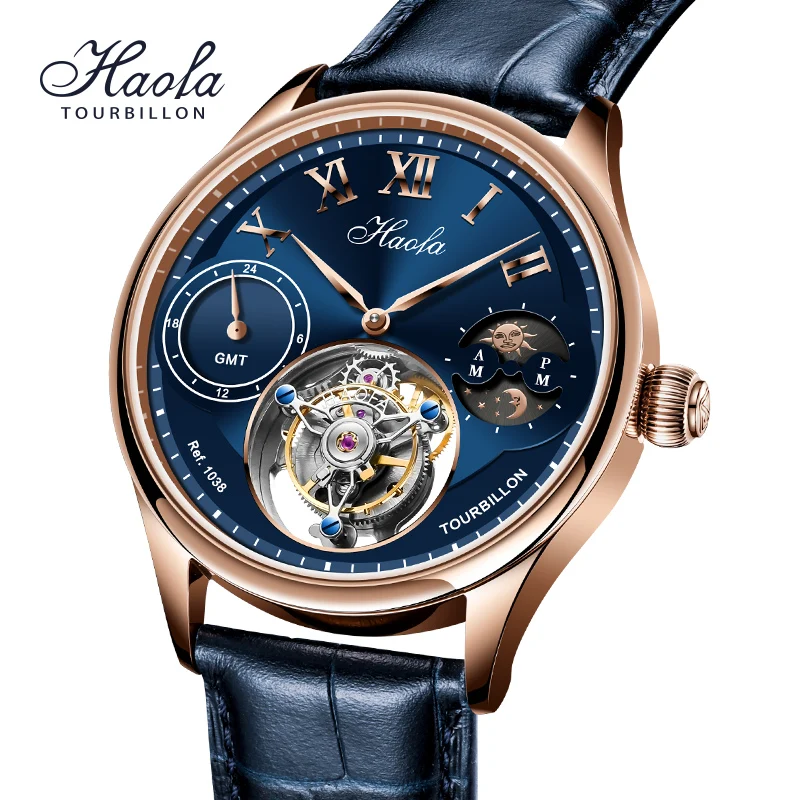 Haofa Luxury Manual Flying Tourbillon Mechanical GMT Watches for Men Sapphire Moonphase Mens Watch Casual Business 1038