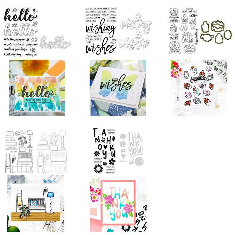 

Word Set Thank You Hello Wishes Stamp and Coordinating Die To Make Card Clear Stamps & Cutting Dies for Diy Scrapbooking Crafts