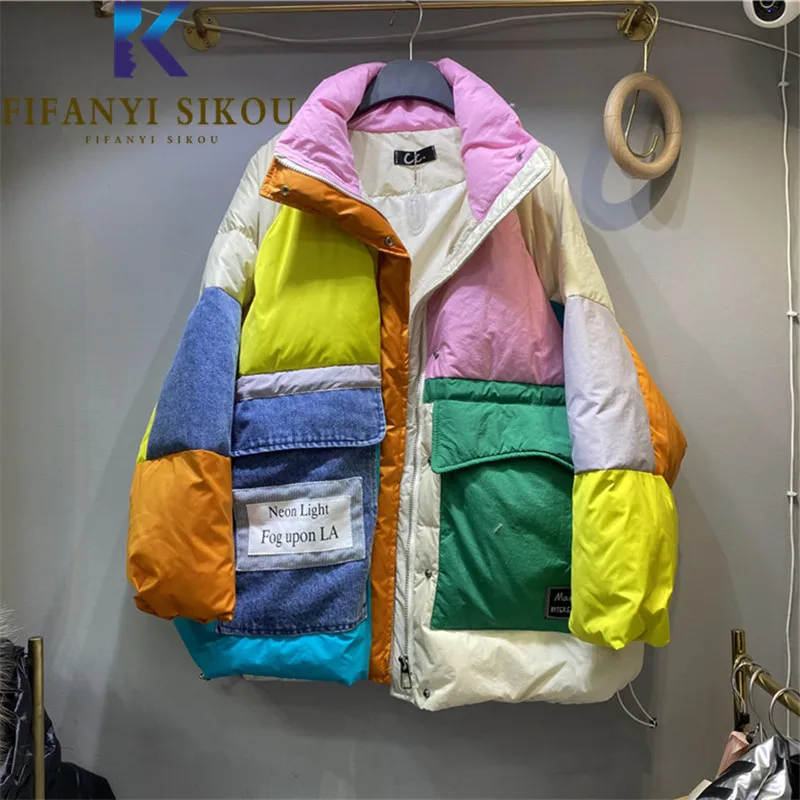 Denim Spliced Fashion Down Jackets Women 2021 Winter Jacket Big Pocket Zipper Patchwork Cotton Coat High Quality Parkas Female