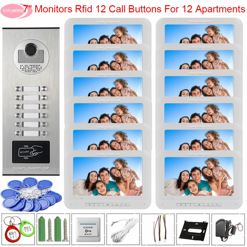 

Intercom System 7inch Color Monitors Intercom for a Private House Access Control Video Door Phone Intercom For 12 Apartments Kit