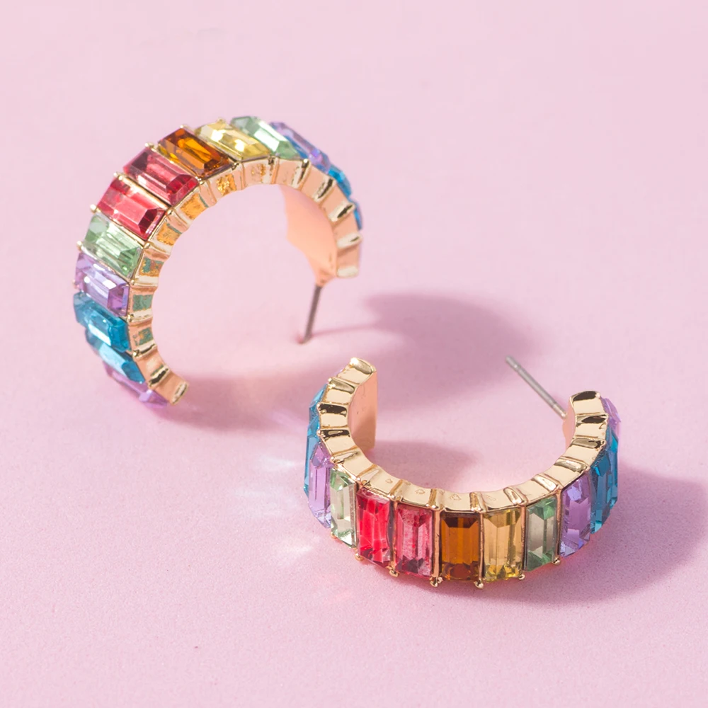 Lost Lady Fashion Multi-Color Crystal Glass C Cuff Stud Earrings Girl Women\'s Geometric Earrings Wedding Party Jewelry Wholesale