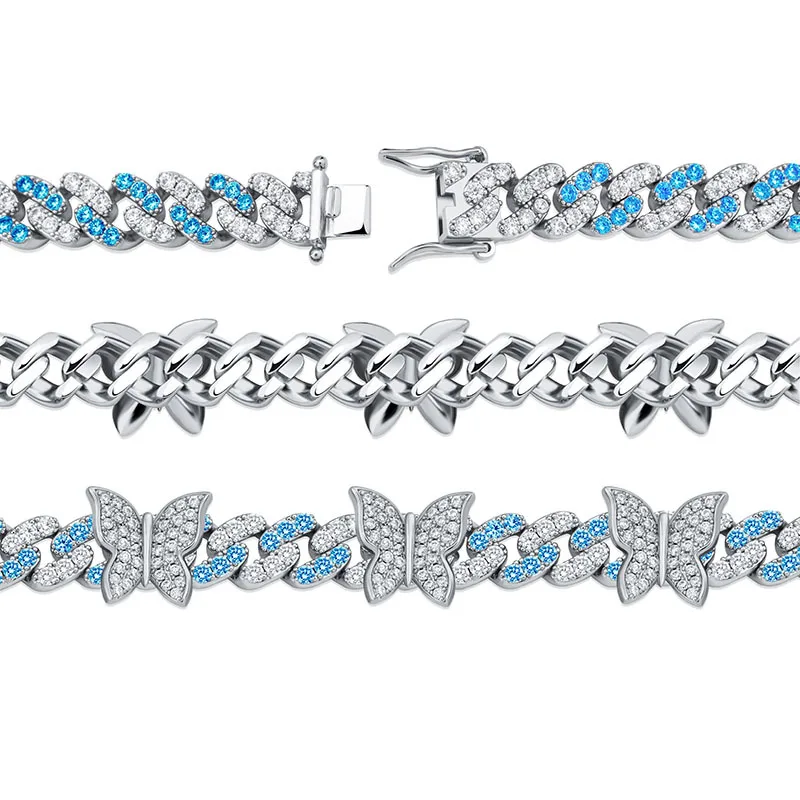 AAA+ Cubic Zirconia Paved Bling Ice Out Butterflys Cuban Chain Chokers Necklaces for Men Women Hip Hop Rapper Jewelry