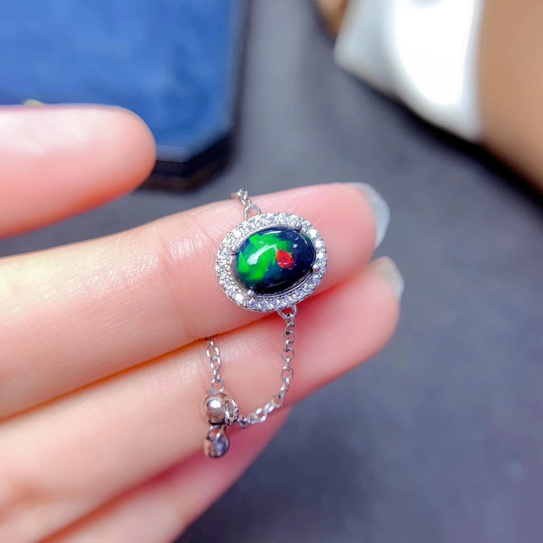 Newest Design Natural Black Opal Ring With Chain without Band Real 925 Silver Black Color Gemstone Fire Secret Birthstone