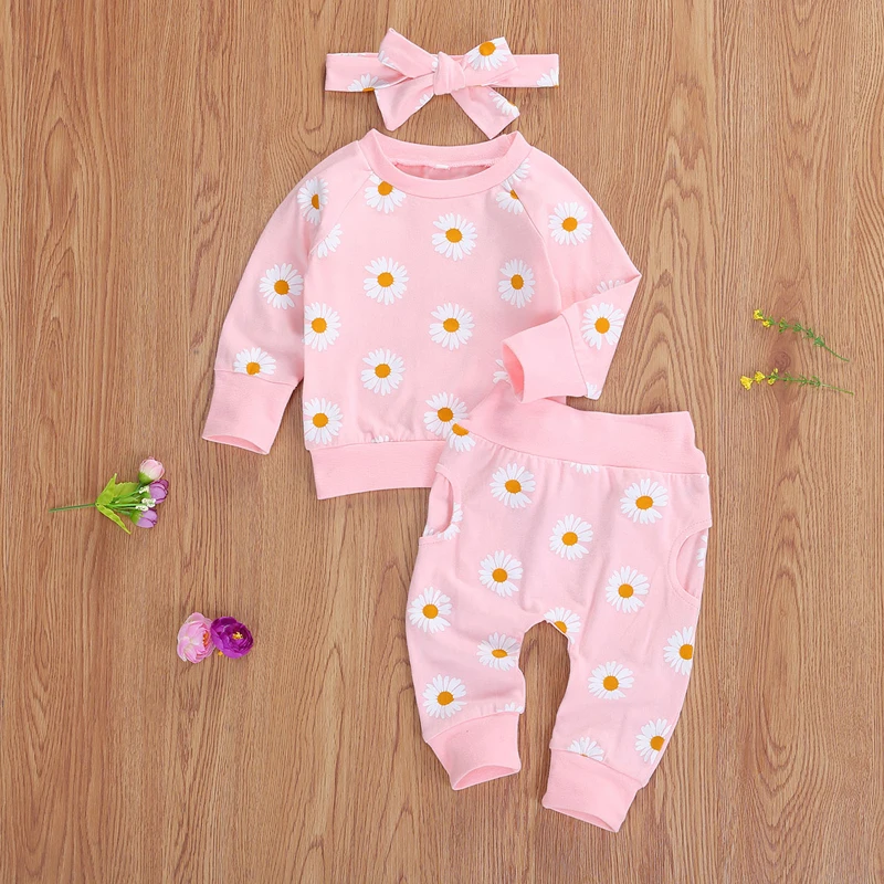 2021 Spring Fall Baby Clothes Set Floral Printed Sweatshirts Tops+Pants+Bow Headband Outfit Girls Clothing Set 3pcs 4