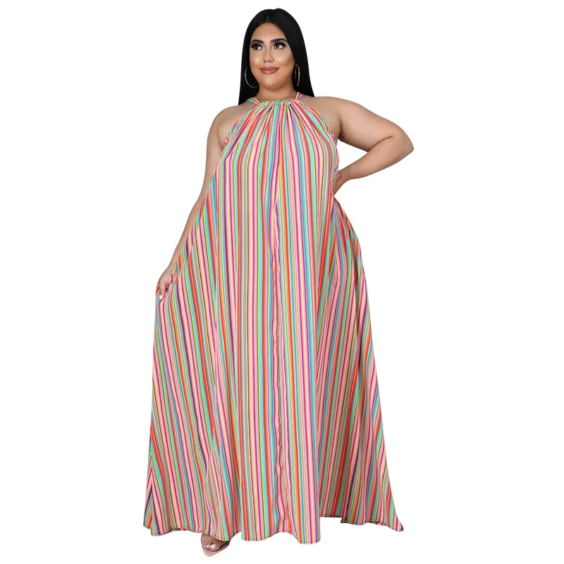 L-4XL 2022 summer plus size women clothing fashion stripe halter sleeveless casual club sexy dress  Wholesale Dropshipping