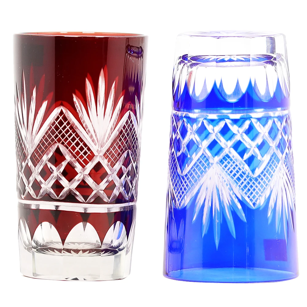 Edo Kiriko Bohemian Czech Handmade High Quality Hand Cut To Clear Blue Red Crystal Drinkware Whiskey Glass Wine Glass 2 Order