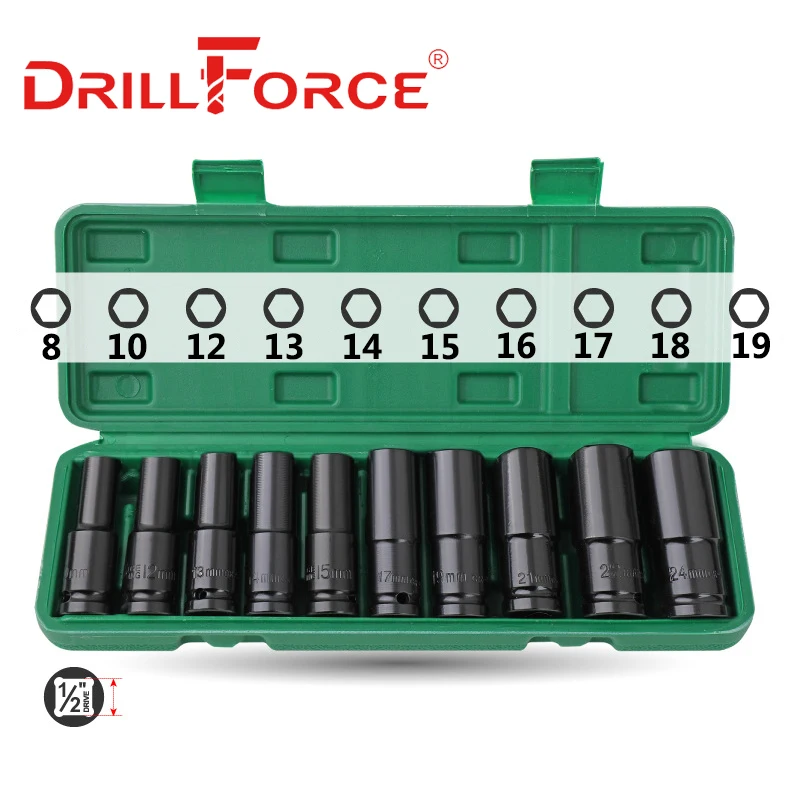 

Drillforce 10PCS 8-19mm 1/2" Wrench Sockets Set Tool Drive Adapter Spanner Converter Reducer Electric Impact Hex Wrench Socket