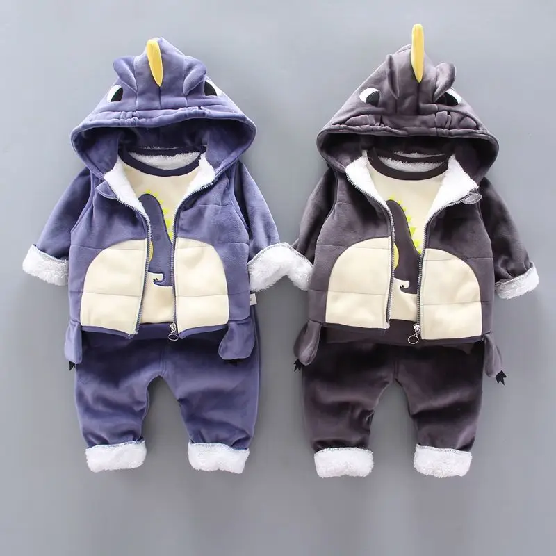 Baby Boys Clothing Sets Winter Plus Velvet Thick Warm 3Pcs Outift Cartoon Dinosaur Children Clothes Sport Tracksuit Set For Kids