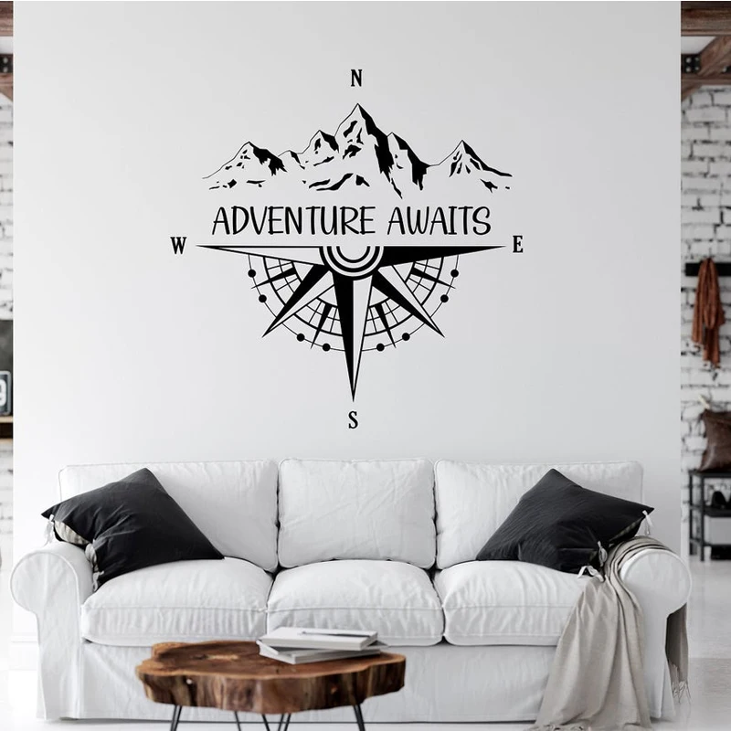 Adventure Awaits Wall Decal Mountain with Compass Travel Art Nautical Home Decor Room Bedroom Wall Sticker Removable Mural S241