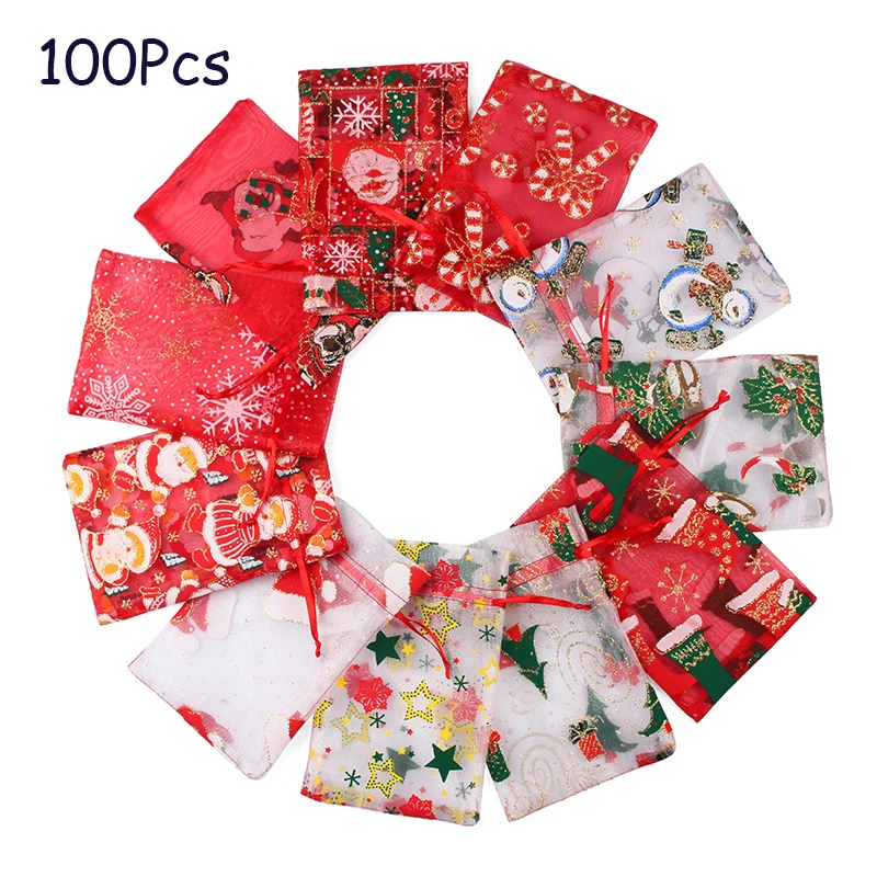 100 PCS 10 x 15cm 13x18cm Christmas Drawstring Organza Gift Bag pouches Party Women's Wedding Candy Shell Chocolate Gift Bag Sup