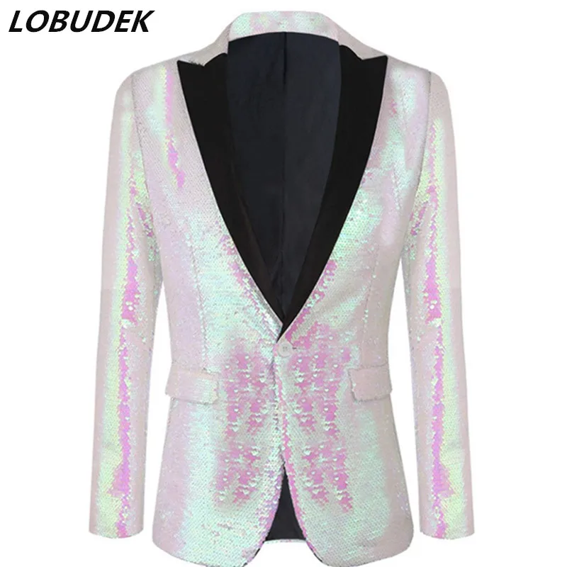 Shawl Collar Sequins Suit Jackets Male Singer Host Bar Concert Pink White Sequin Stage Blazer Prom Wedding Party Tuxedo Costume