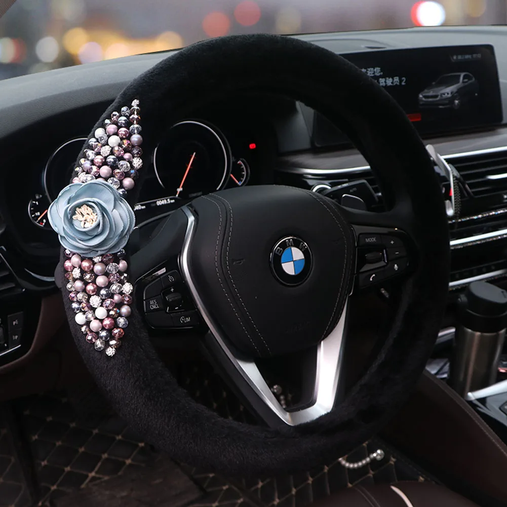 38cm Women Girl Car Steering Wheel Cover with Delicate Flowers Breathable PU Leather Plush Anti-Skip for BMW Car Styling