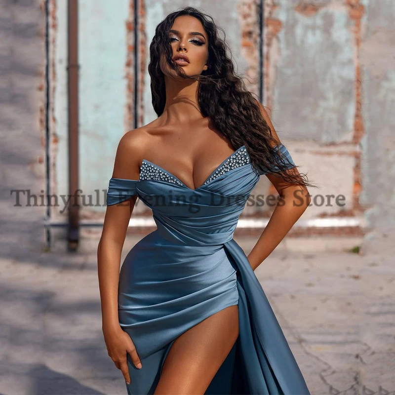 Thinyfull Sexy Prom Dresses 2022 Off Shoulder Mermaid Evening Dress Side Slit Beading Saudi Arabia Cocktail Party Gown Plus Size