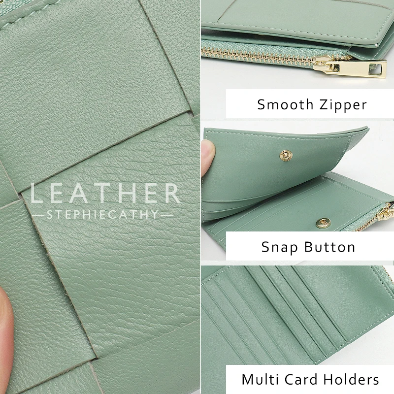 ﻿Brand Design Real Lambskin Leather Woven Short Wallet Women Mini Portable Bifold Coin Purses Cash Note Card Slots Multi Pockets