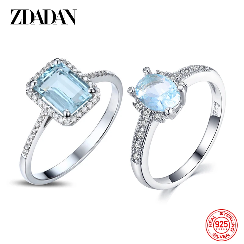 ZDADAN Authentic 925 Sterling Silver Square Blue Clear CZ Finger Rings For Women Wedding Engagement Jewelry Gift