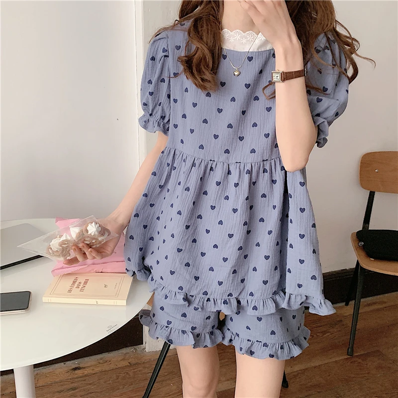 Summer New Women Pajamas Set Sleepwear Cute100% Cotton Linen Short Sleeve Pullovers Shorts Pijamas Lover Heart Print Lacework