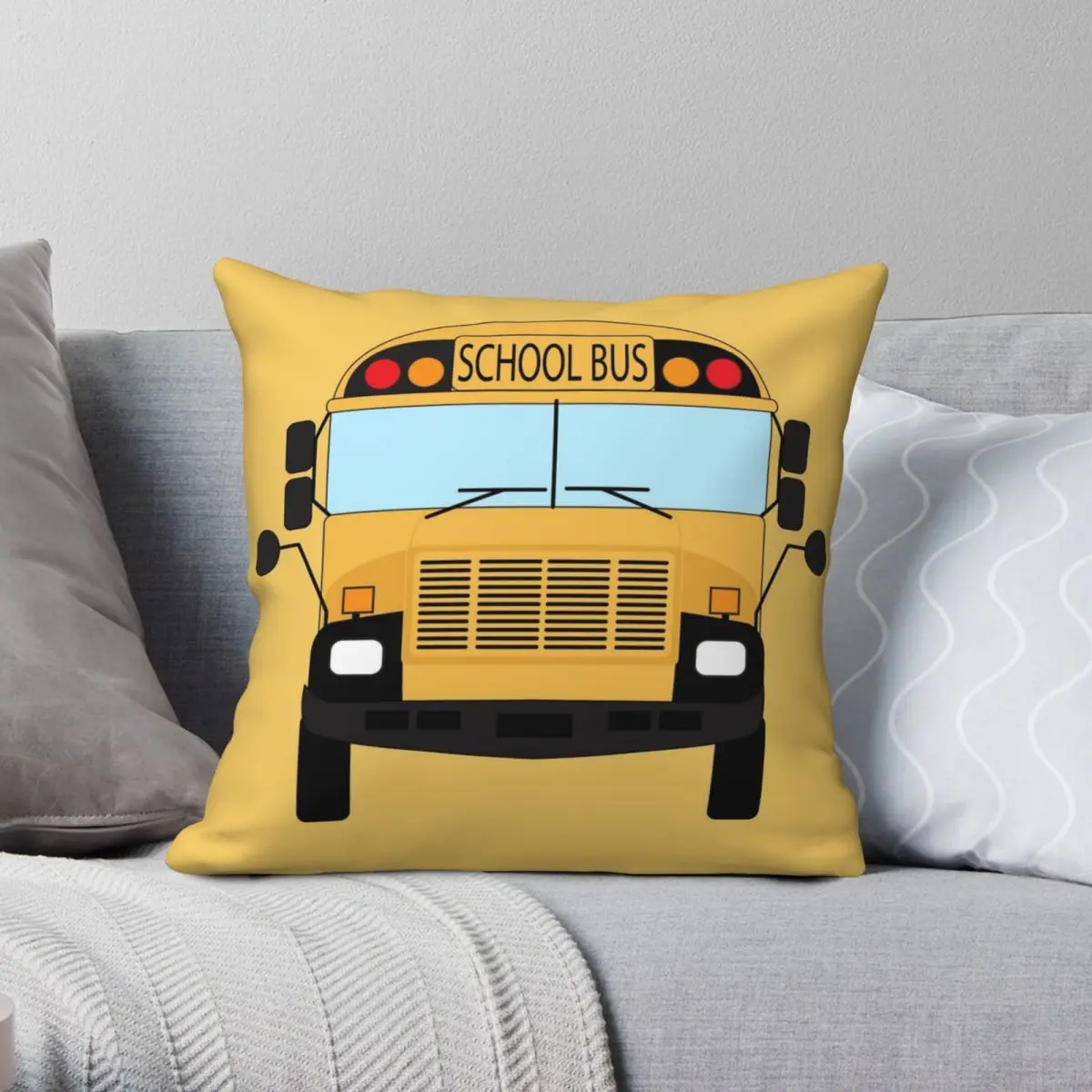 Yellow School Bus Square Pillowcase Polyester Linen Velvet Printed Zip Decor Pillow Case Home Cushion Cover