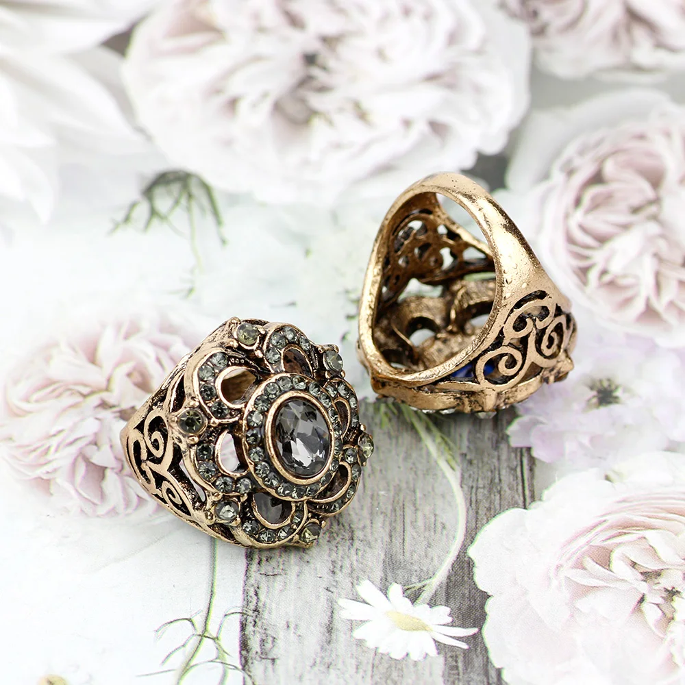 Retro Vintage Gray Crystal Ring Female Ethnic Party Jewelry Turkish Antique Gold Color Elegant Banquet Flower Ring
