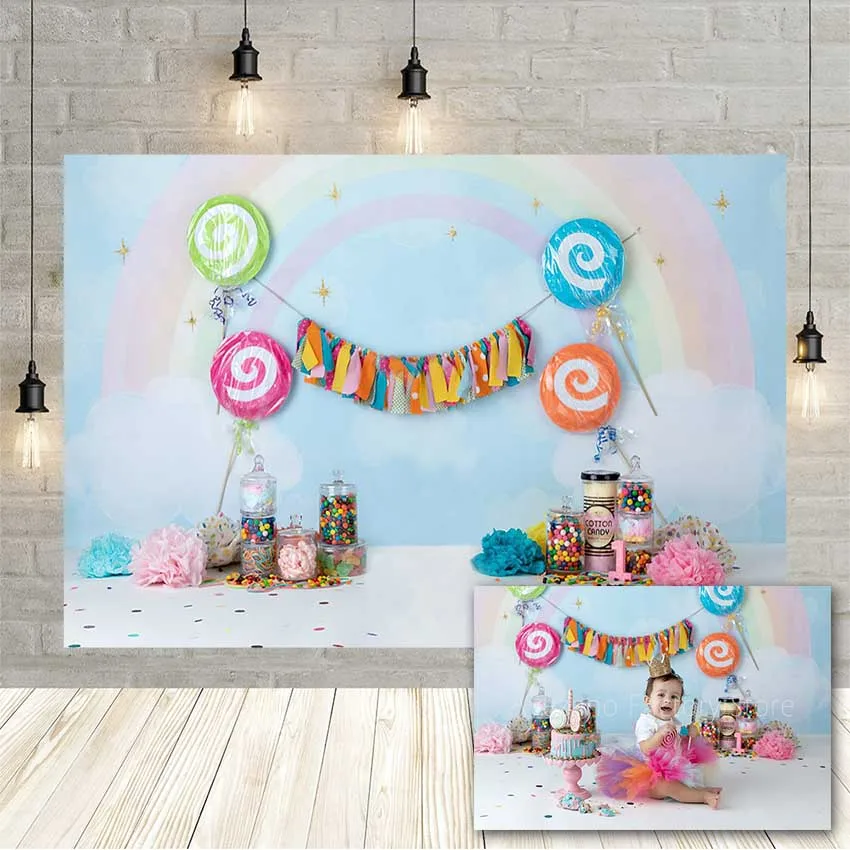 Avezano Photography Backdrop Lollipop Cotton Candy Shop Baby 1st Birthday Rainbow Background Photocall Photo Shoot Studio Props