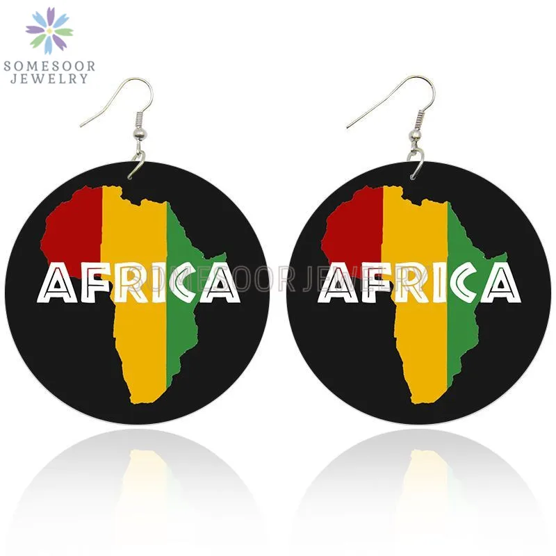 SOMESOOR United Africa Colors Map Wooden Drop Earrings Afrocentric Ethnic King Lion Power Fist Black Art Printed For Women Gifts