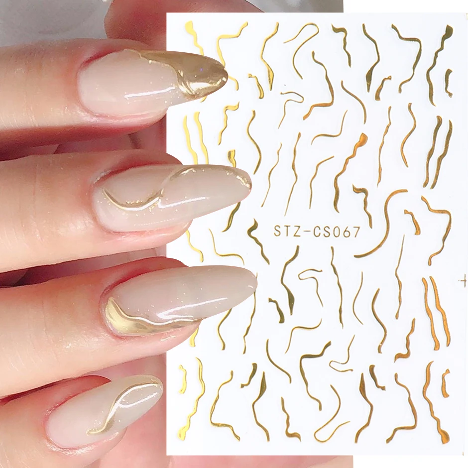 3D Gold Tape Line Nail Design Sparkly Geometry Stripe Swirl Stickers Nail Decals Gel Polish Manicure Decor Sliders NTSTZ-CS067