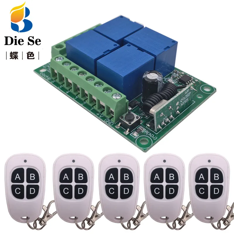 Interruptor de Control remoto inalámbrico, módulo receptor de relé para rf 433MHz, iluminación de garaje, cortina eléctrica, cc 12V 10A 4CH