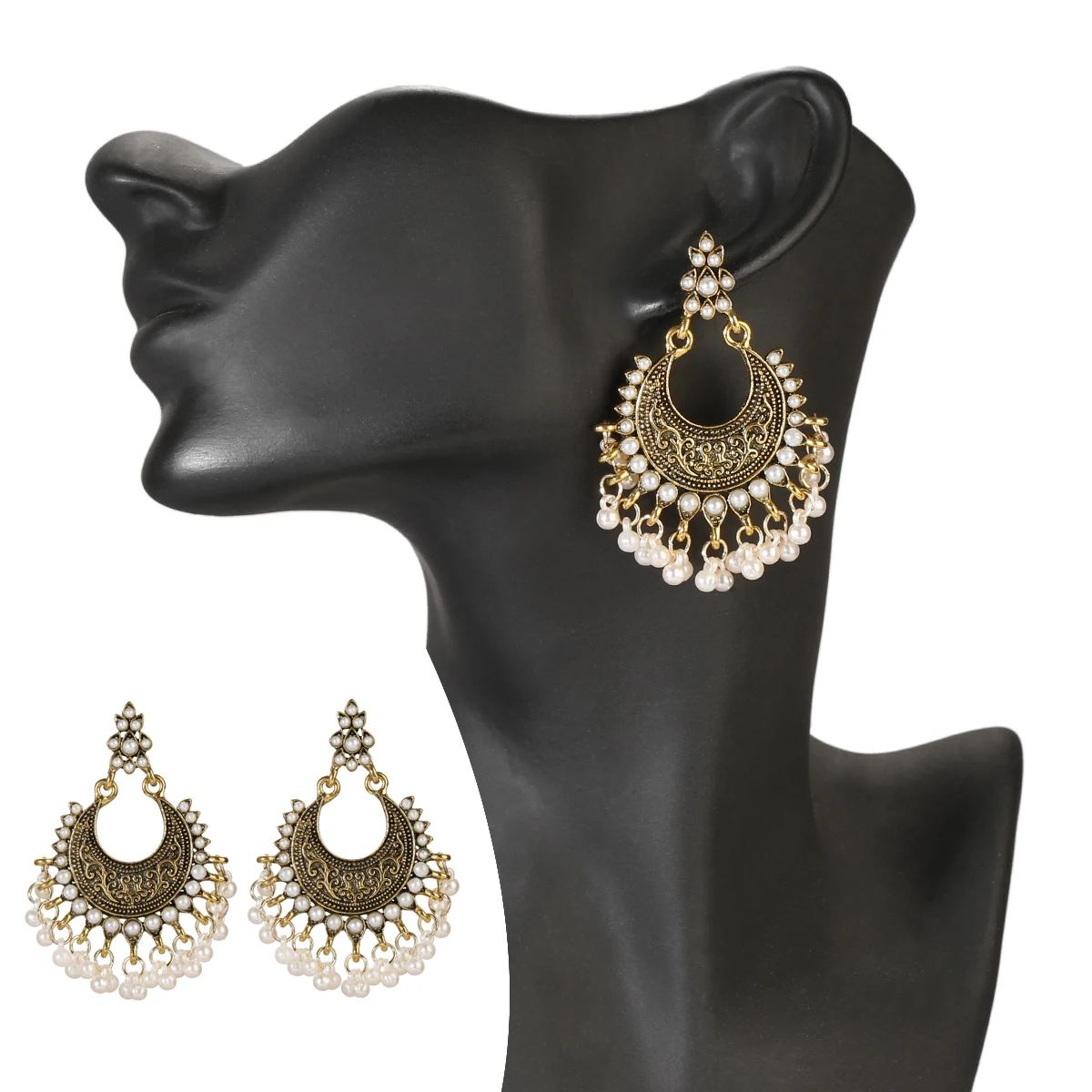 Luxury Retro Big Sector Carved Indian Earrings Fro Women Piercing Ethnic Bollywood Pearl Tassel Earrings