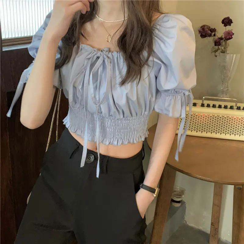 Blouses Women Summer New Casual French Style Sweet Square Collar Fashion Solid All-match Party Holiday Temperament Slim Elegant