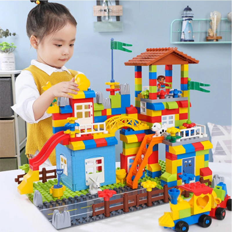 City House Roof Big Particle Building Blocks Castle Marble Race Run Slide Blocks Compatible Duploed Toys For Children