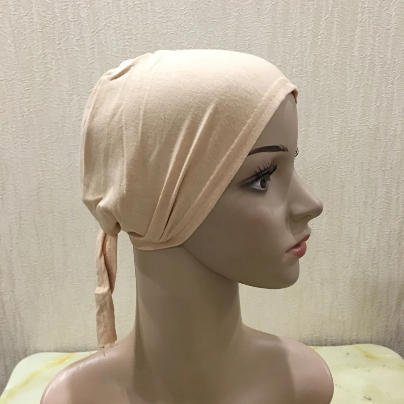 H048 Plain Cotton Tie Back Hats Muslim Turban Pure Color Stretch Inner Hijabs Underscarf Women Head Scarf Under Hijab Bonnet