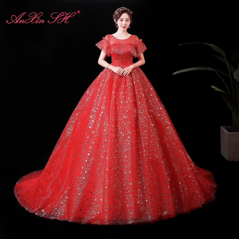 AnXin SH princess sparkly red lace vintage silvery star sequins o neck ruffles illusion red bride customized wedding dress