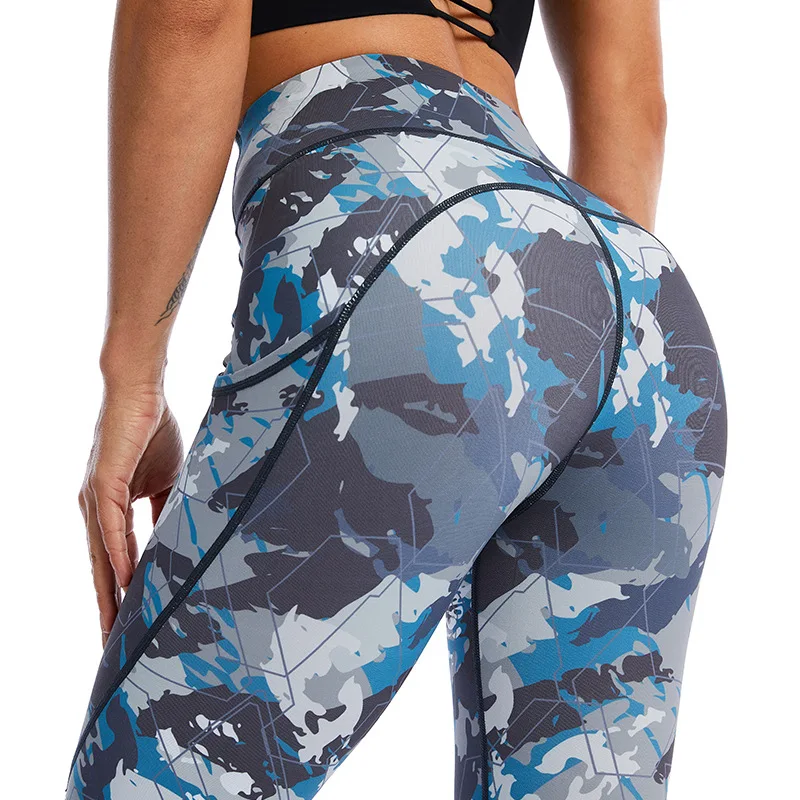 High-waisted Yoga Pants for Women Hip-Lifting Pocket Gym Pants Outdoor Gym Pants Green Camouflage Print Yoga Suit New 2024