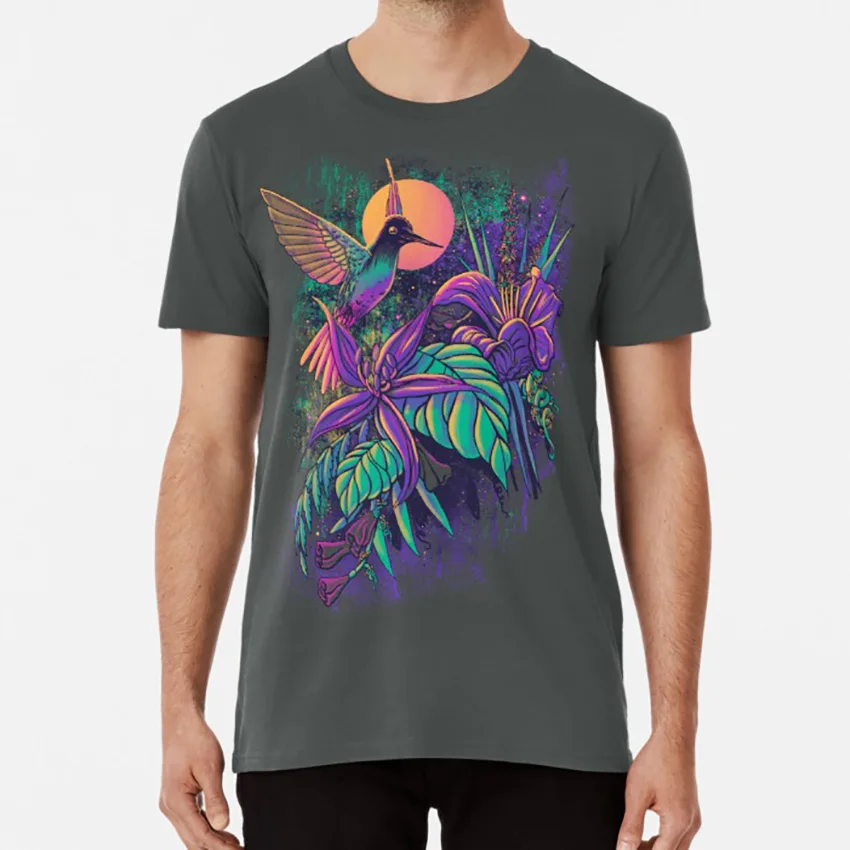 Purple Garden T Shirt Birds Hummingbird Flowers Plants Leaves Garden Artsy Purple Artistic Pretty