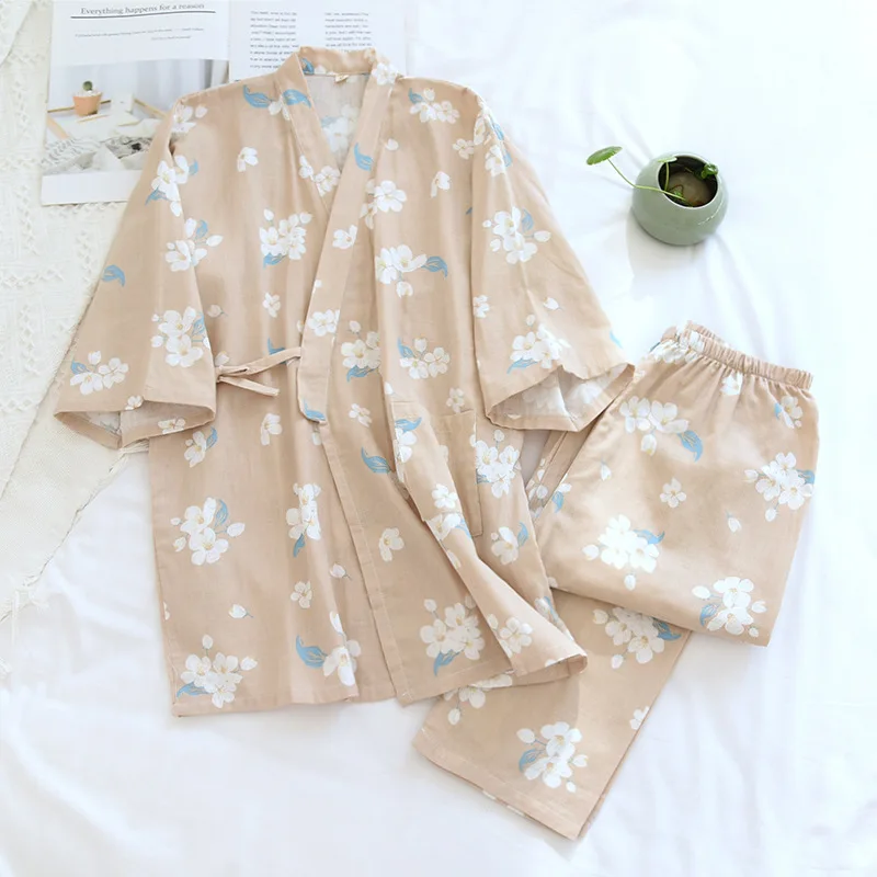 Japanese Ladies Kimono Pajamas  Spring Thin Cotton Gauze Sleepwear V-Neck Floral Printing Lounge Wear Thin Loose 2 Piece Set