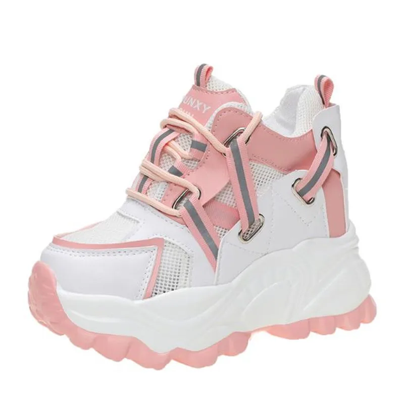 Wysokie obcasy Chunky Sneakers kobiety moda jesień wysokość zwiększenie obuwie kobieta Mesh platforma Vulcanize buty