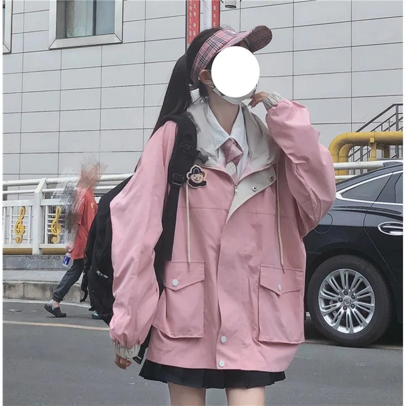 Korean Cute Pink Loose Tops Black Female Casual Students Jacket Sweatshirt Autumn Hoodie School Girls Coat Streetwear Hoodies