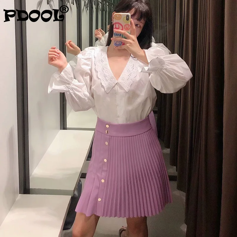 

Women Sweet Single Breasted Pleated Patchwork Mini Skirt Faldas Mujer Female Casual Brand Chic PU Leather Skirts