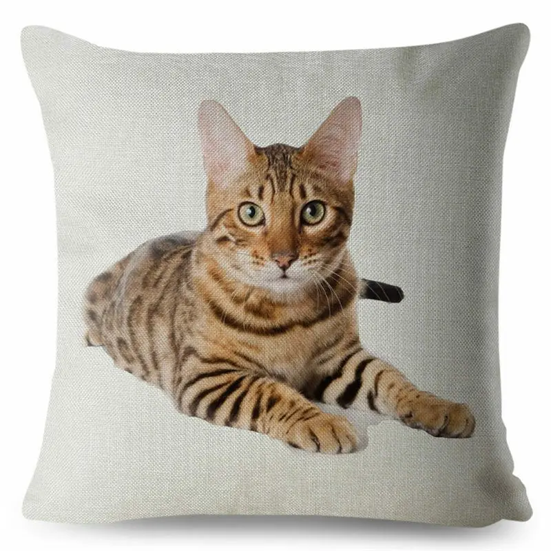 Cute Bengal Cat Print Pillow Cushion Cover Beige Linen Throw Pillows Cases Sofa