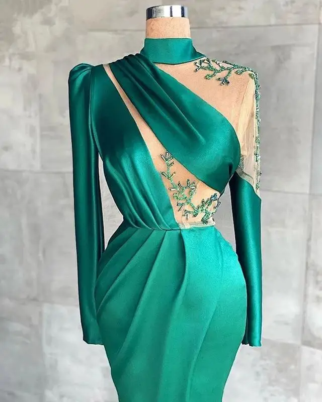 Lange Mouwen Coltrui Mermaid Prom Dresses Sexy Voor Split Dubai Dames Green Lace Satin Party Avondjurken Robe Soiree Femme