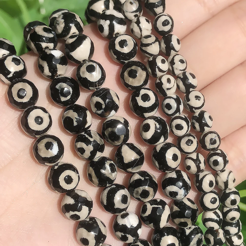 8/10/12mm Natural Faceted Tibetan Black DZI Eye Agate Beads Round Loose Spacer Beads For Jewelry Making DIY Bracelets Necklace