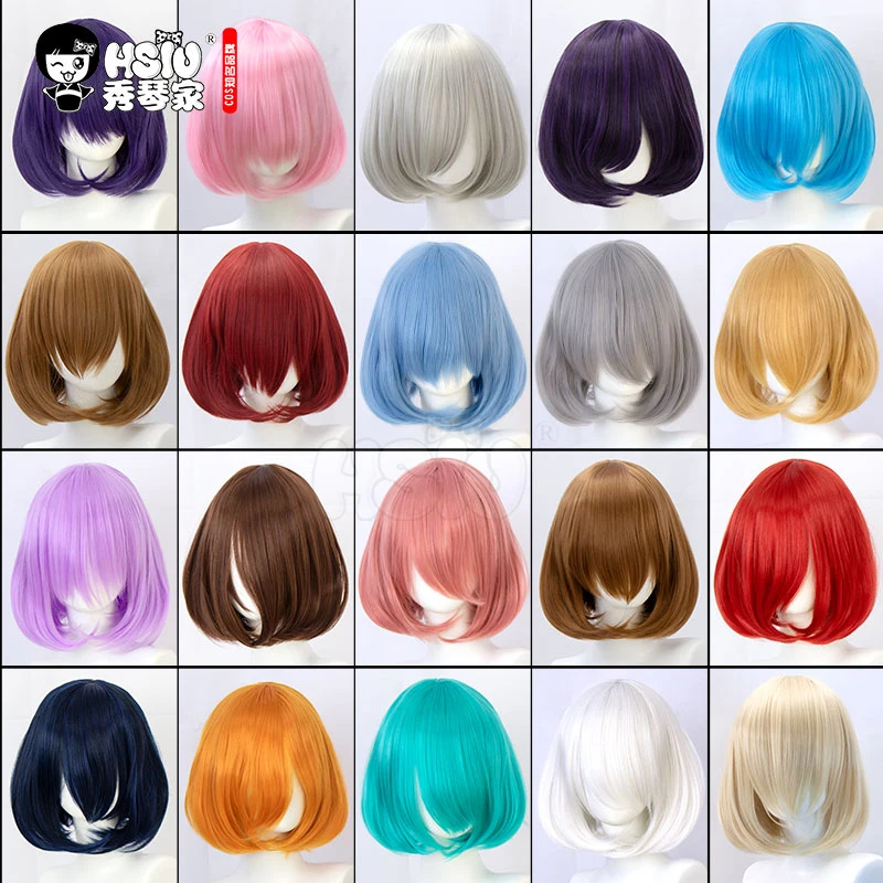 HSIU Peluca de cosplay sintética para mujer, pelo corto recto bob, dorado, rosa, rojo, Azul, Morado, 35cm, 23 colores, gorro de peluca gratis