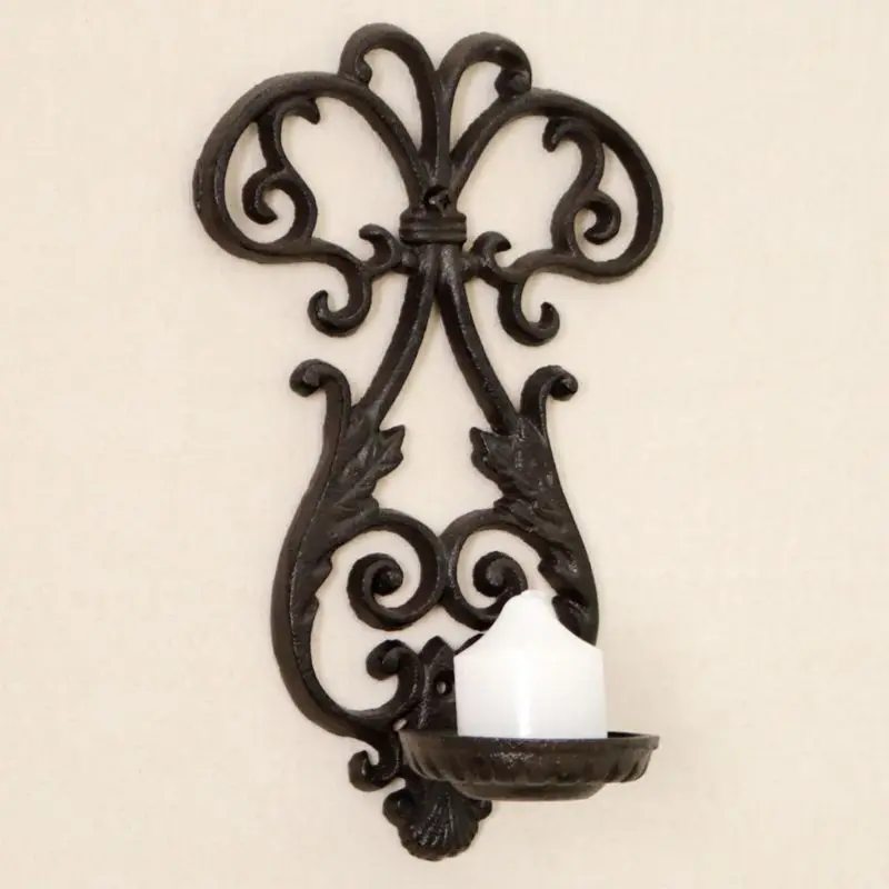 European Vintage Rustic Badge Cast Iron Wall Mounted Pillar Candle Holder Hollow Hand Crafted Heavy Metal Home Decoration