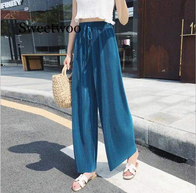 

Summer Wide Leg Pants For Women Casual Elastic High Waist 2020 New Fashion Loose Long Pants Pleated Pant Trousers