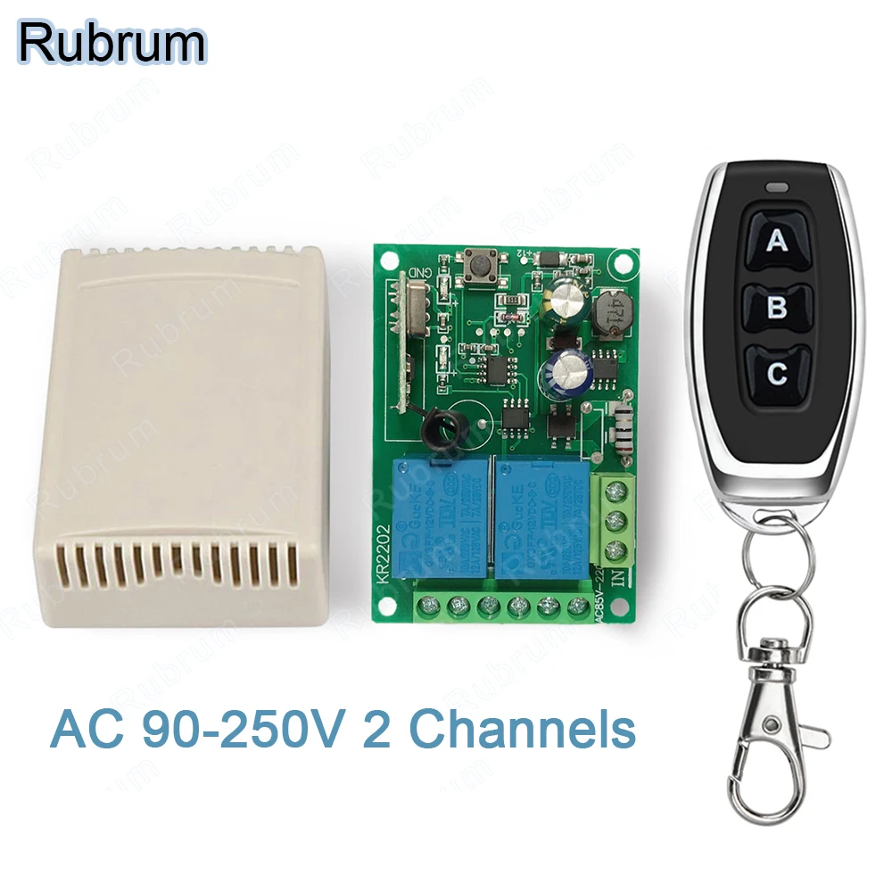 Rubrum 433 Mhz AC 220V 2CH Wireless Remote Control Universal RF Relay Receiver & Transmitter For Garage Door Gate Motor Control