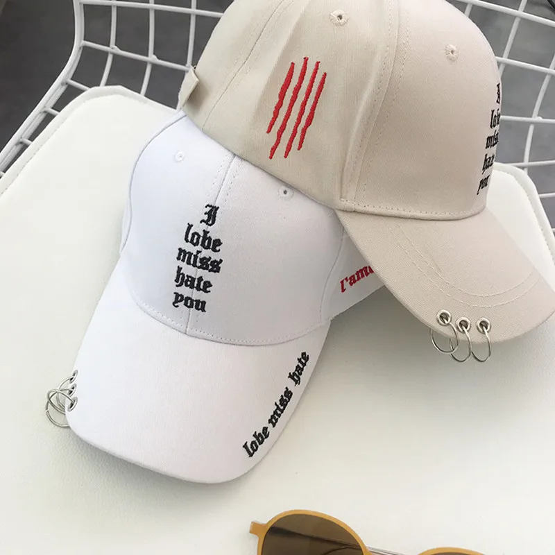 Korean Long Strap Baseball Cap Men's and Women's Letters Embroidered Peaked Cap Iron Ring Trendy Cap Adjustable Cotton Sun Hat