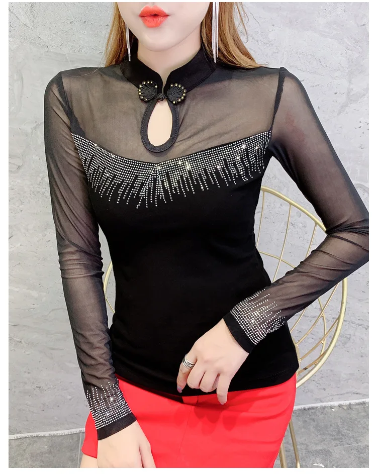 

Vintage Fashion Patchwork Sexy Transparent Mesh Diamonds Tshirt Turtleneck 2020 New Spring Autumn Long Sleeve Top Camiseta Mujer