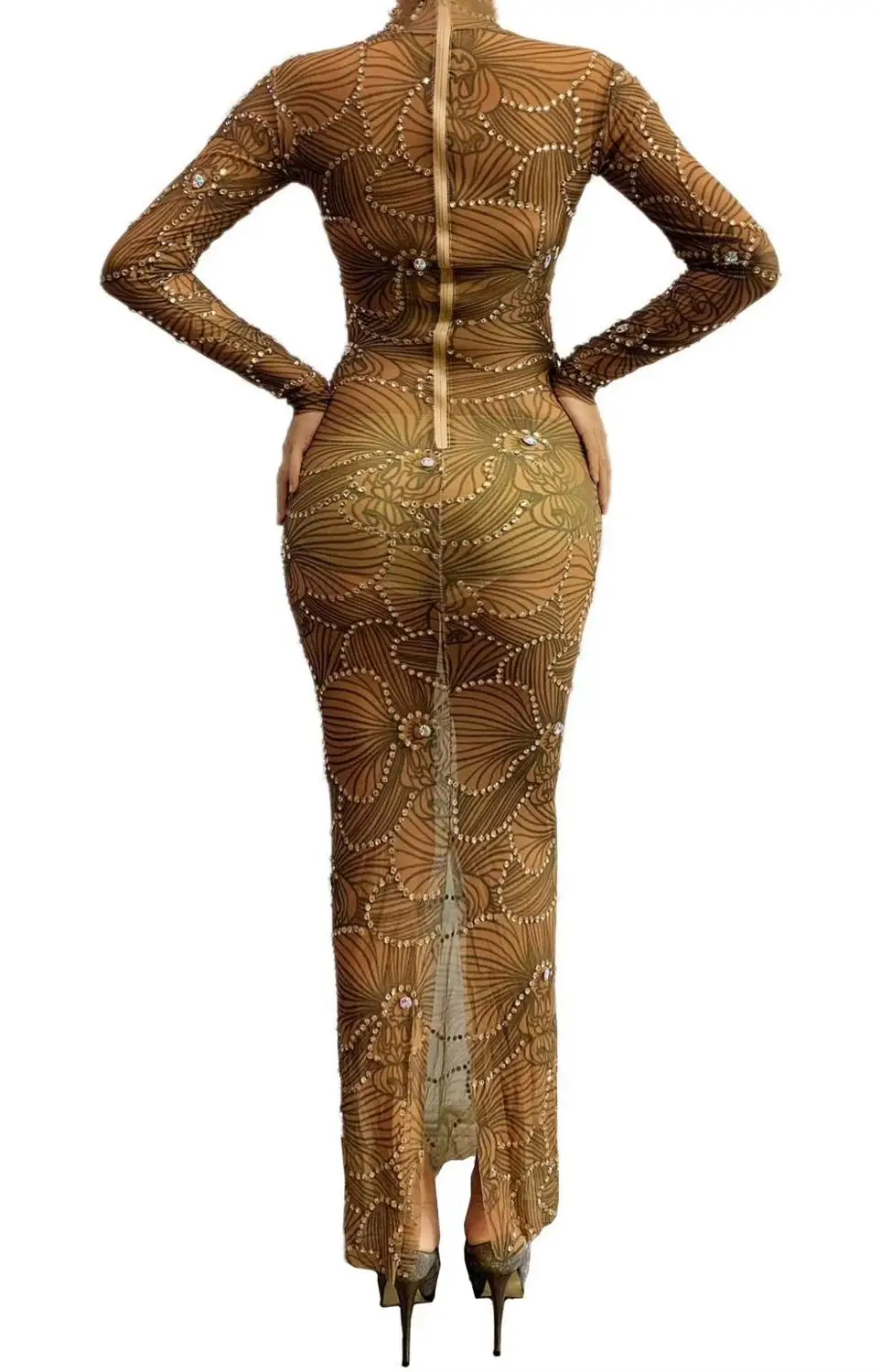 New Women Stage Outfits Shiny Rhinestone Printing Mesh Perspective Singer Crystal Sexy Evening Party Celebration Prom Club Dress