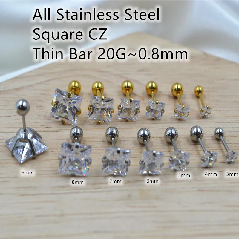 

50 шт., ювелирные изделия для тела, пирсинг-серебристый тонкий стержень, 20 г ~ 0,8 мм, квадратные серьги с драгоценными камнями CZ, серьги-спирали для ушей, полоса хряща, козелка, шпильки